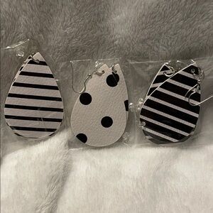 Black and White Teardrop Earrings - Stripes & Polka Dot Set